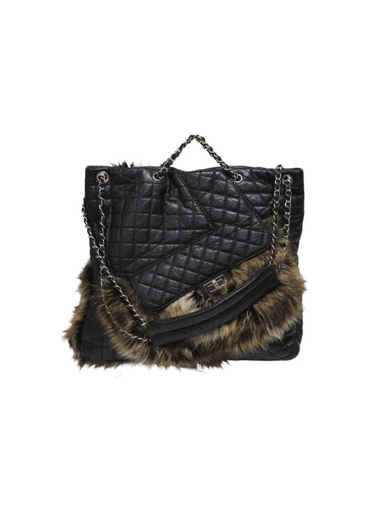 Chanel Handbags - Chanel 2-Way Bag 2.55 CC Logo Calfskin Faux Fur Black Silver